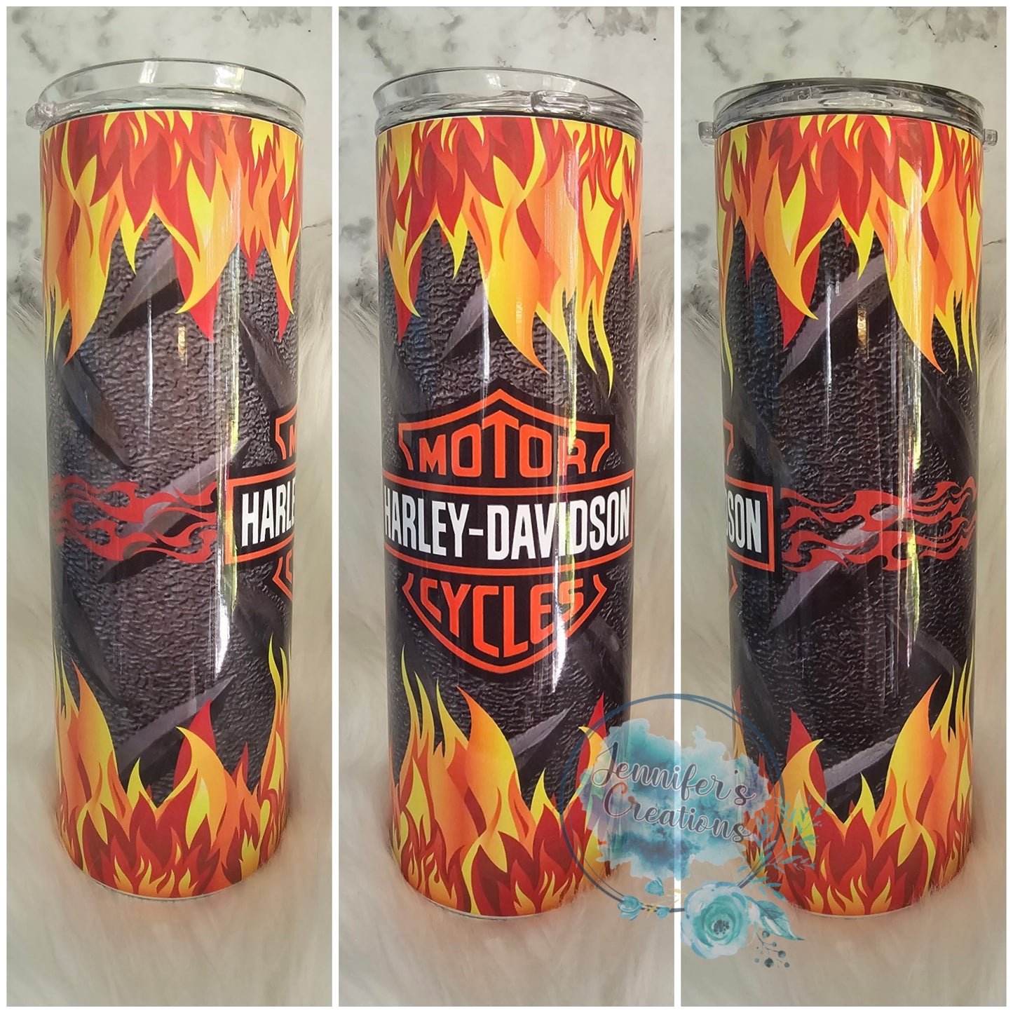 Harley davison with tire mark and flames