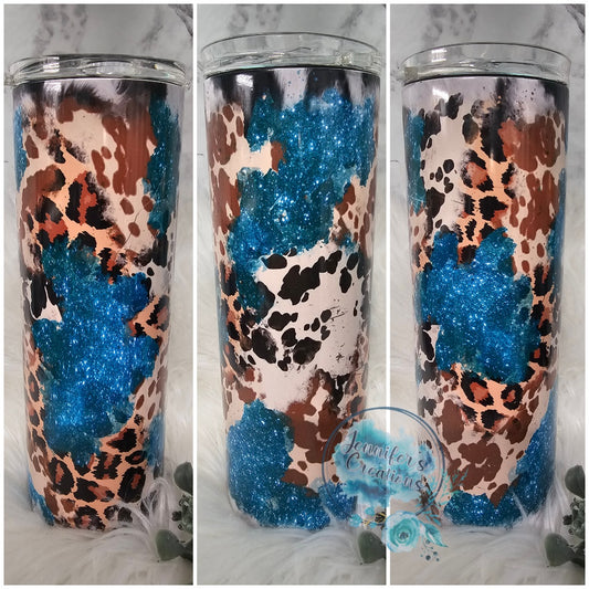 Teal glitter cow hide leopard